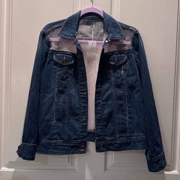 Jackets & Blazers - Women’s Boutique unique Dark Blue Denim Jacket with Sheer Polka-Dot Yoke